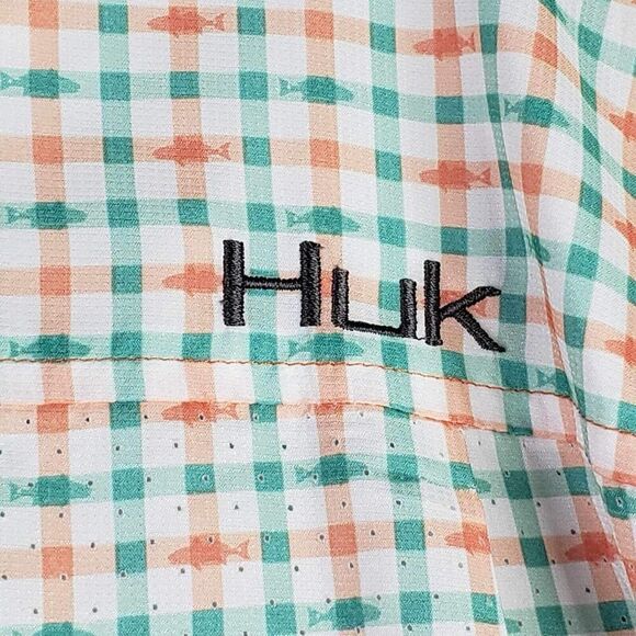 Huk Fishing Shirt Teal Plaid Mens Small S Short Sleeve Button Down Performance - Picture 2 of 12